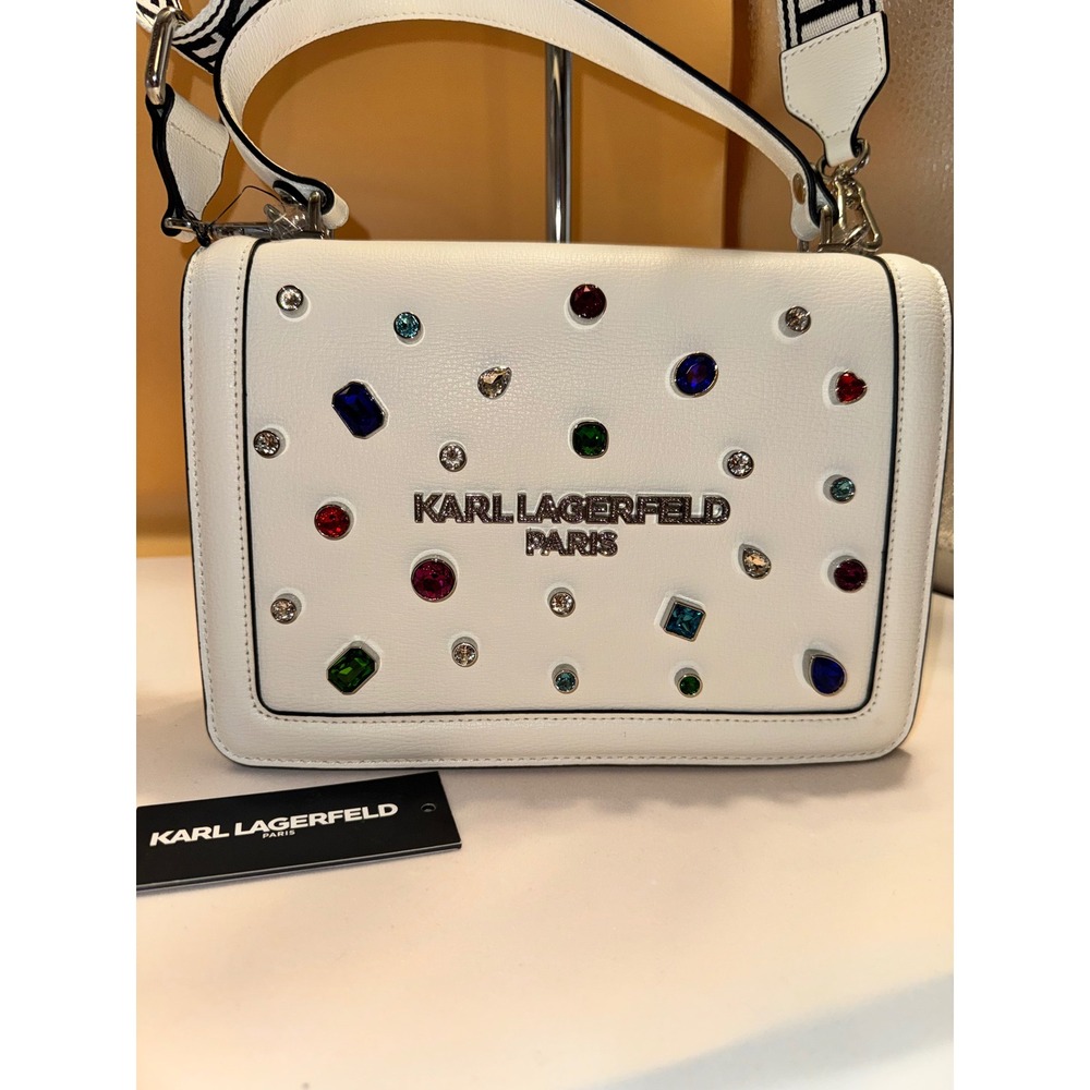 Karl Lagerfeld Paris White Jewel Embellished Crossbody Bag Logo Strap‎ NWOT